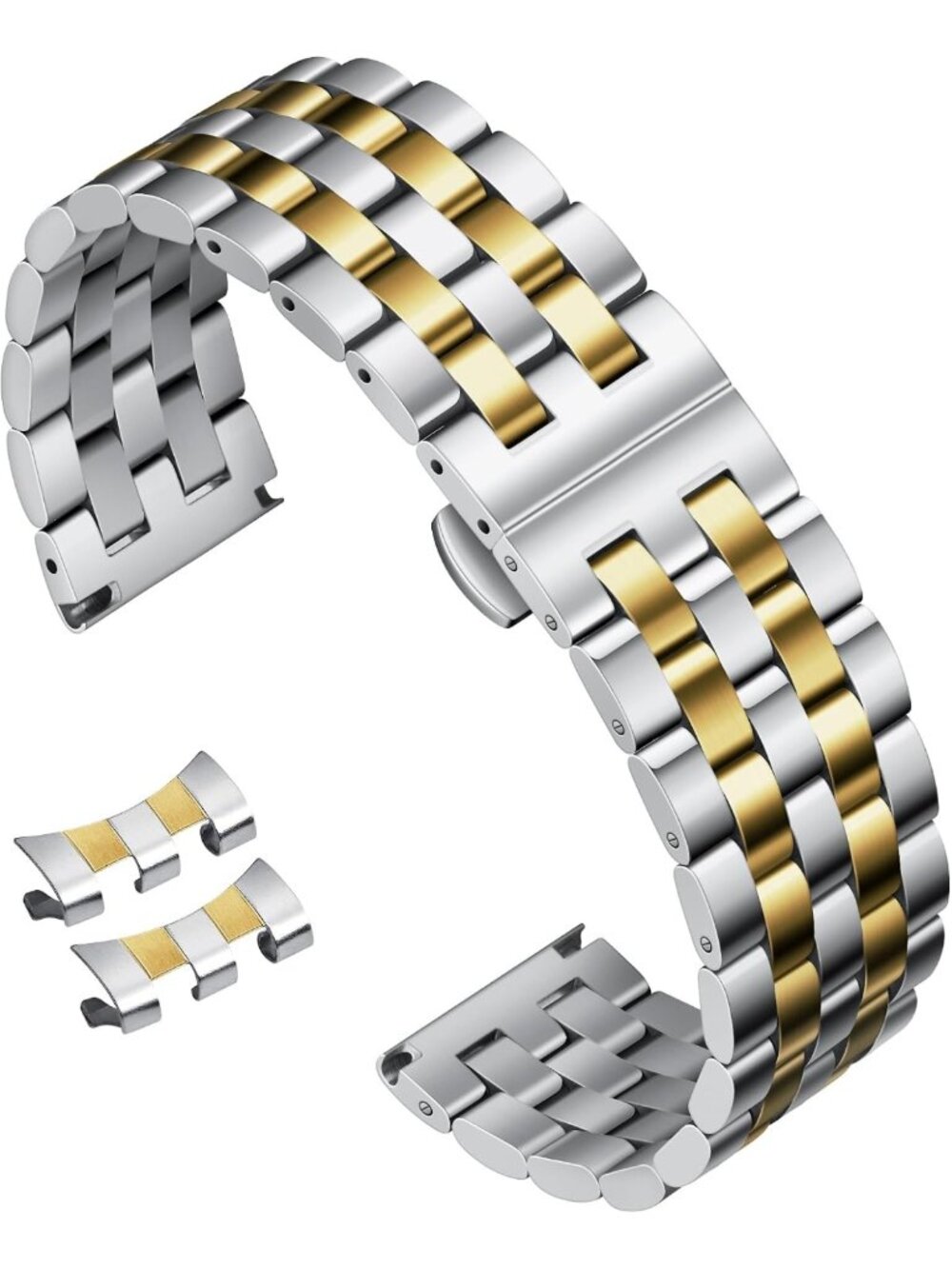 Adjustable Metal Watch Band Replacement for Men & Women - 18mm to 24mm, Curved